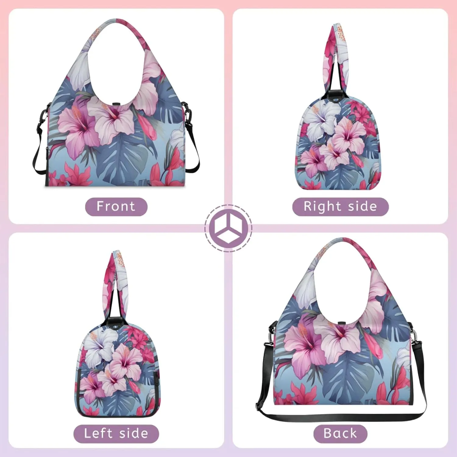 Pink White Hibiscus Design Waterproof Gym Bag for Men Women, Sports Duffel Bag with Shoe Compartment Yoga Mat Holder, Portable Large Travel Bag for Fitness, Camping, Weekend Trips