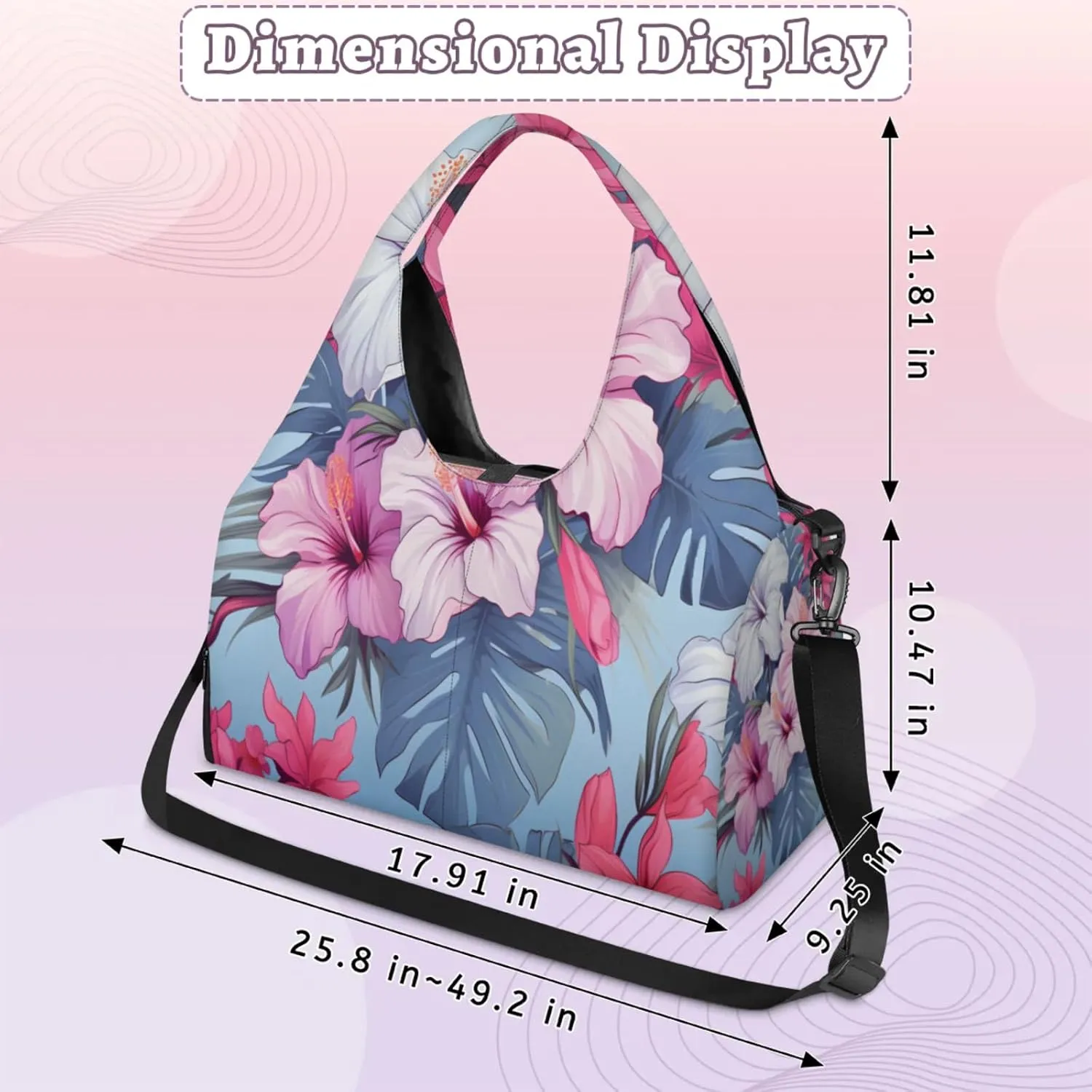 Pink White Hibiscus Design Waterproof Gym Bag for Men Women, Sports Duffel Bag with Shoe Compartment Yoga Mat Holder, Portable Large Travel Bag for Fitness, Camping, Weekend Trips