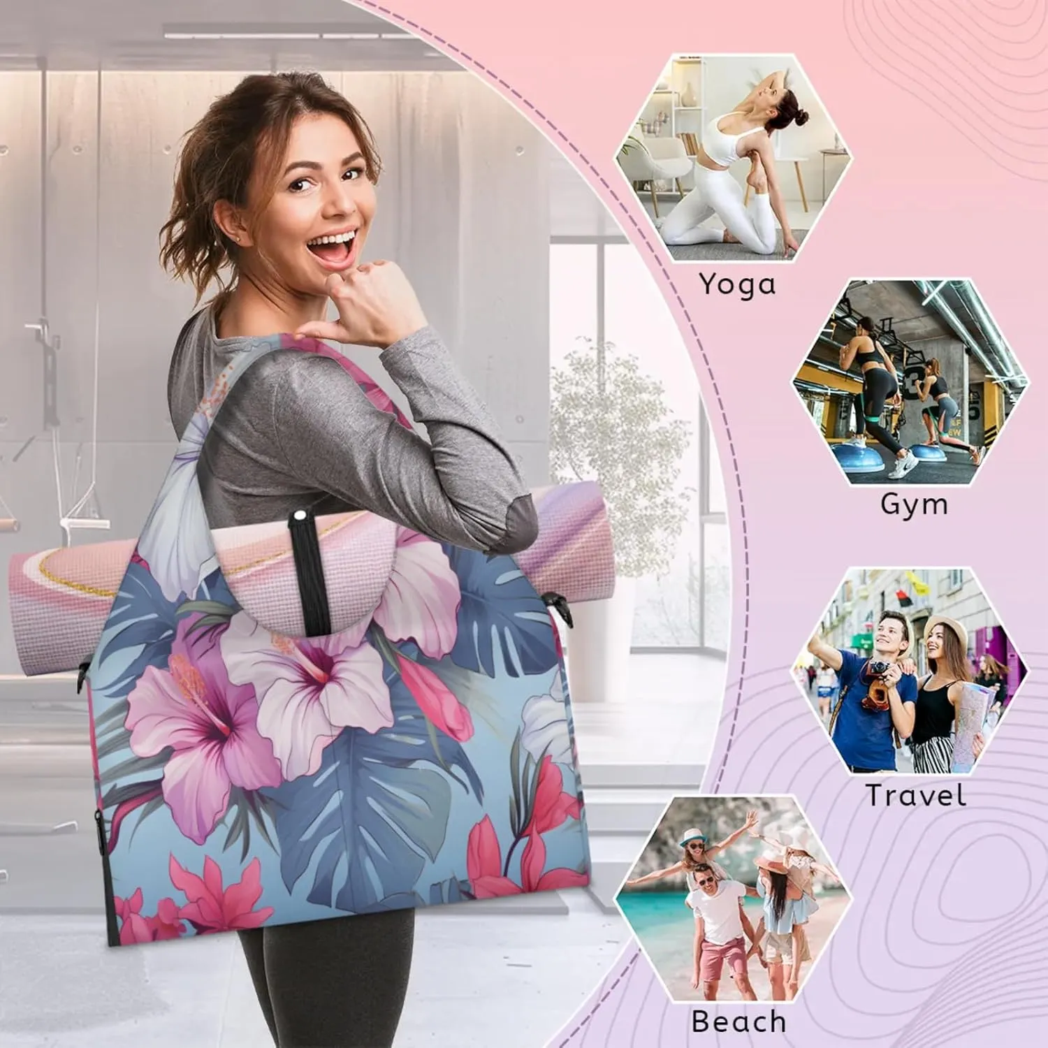 Pink White Hibiscus Design Waterproof Gym Bag for Men Women, Sports Duffel Bag with Shoe Compartment Yoga Mat Holder, Portable Large Travel Bag for Fitness, Camping, Weekend Trips