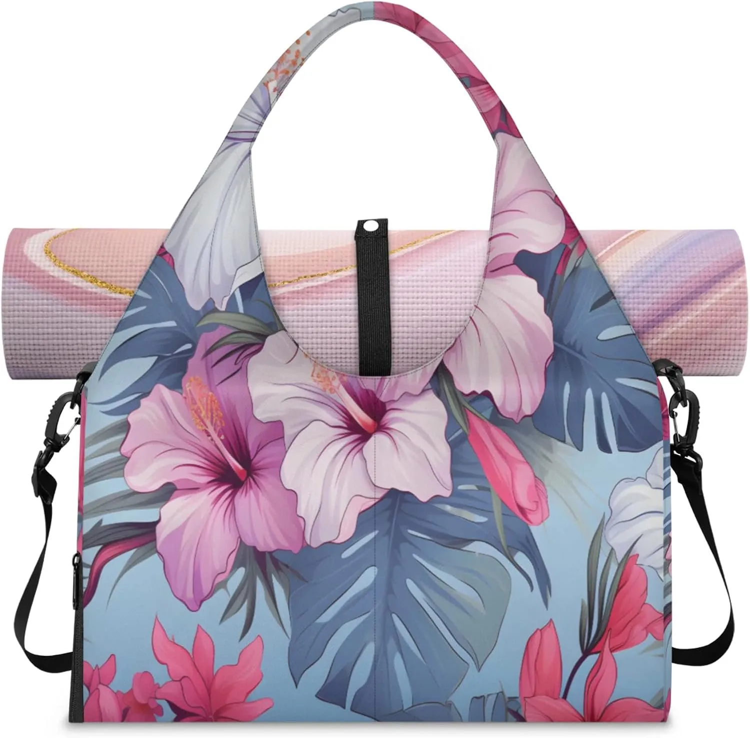 Pink White Hibiscus Design Waterproof Gym Bag for Men Women, Sports Duffel Bag with Shoe Compartment Yoga Mat Holder, Portable Large Travel Bag for Fitness, Camping, Weekend Trips