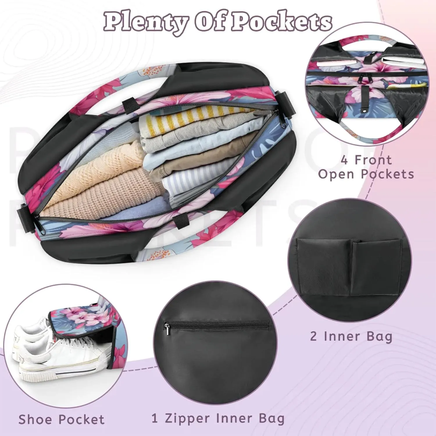 Pink White Hibiscus Design Waterproof Gym Bag for Men Women, Sports Duffel Bag with Shoe Compartment Yoga Mat Holder, Portable Large Travel Bag for Fitness, Camping, Weekend Trips