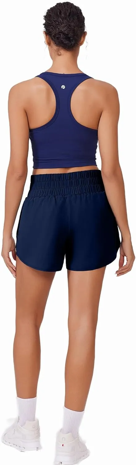 PINSPARK Running Shorts for Women Quick Dry High Waisted Athletic Short 2 in 1 Workout Gym Shorts with Zipper Pockets