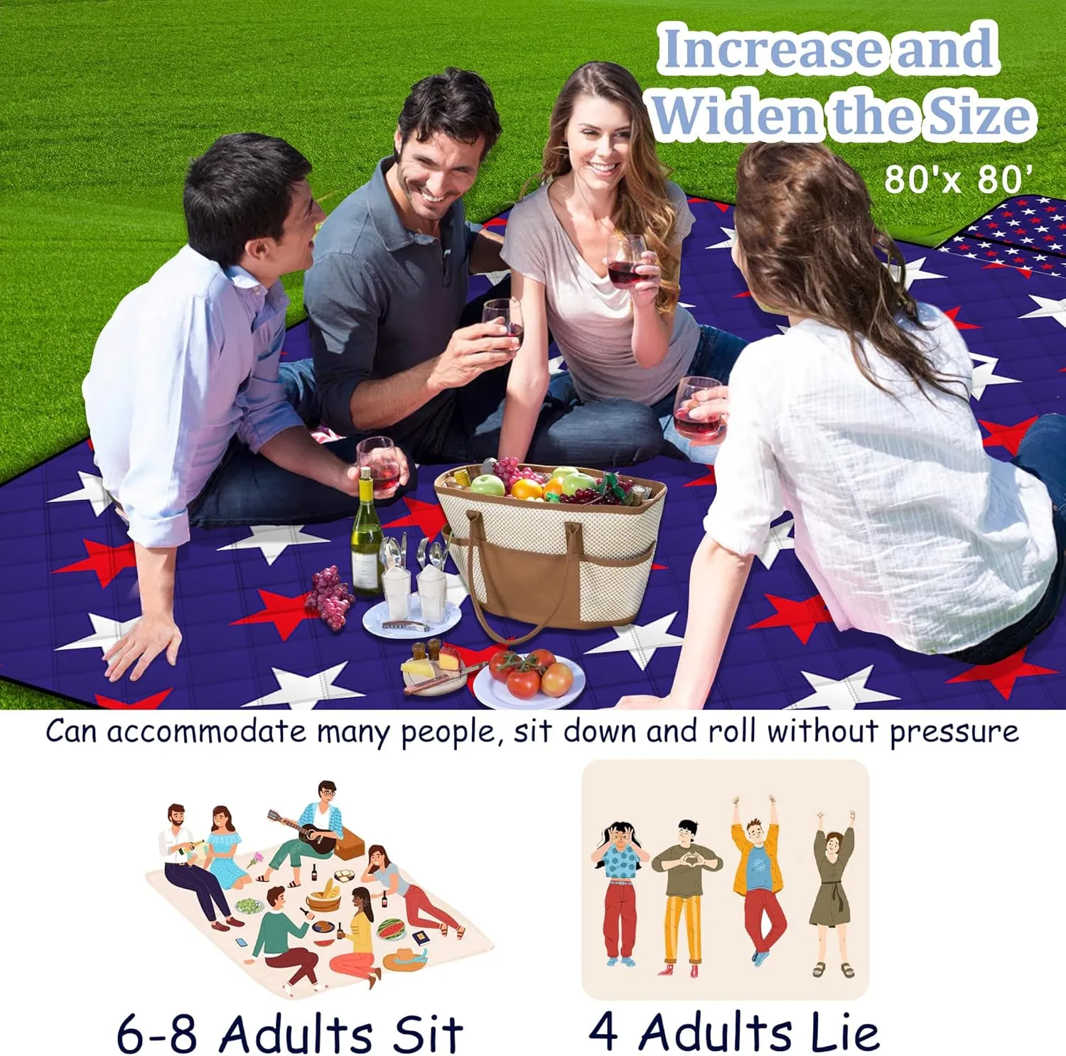 Poedist Extra Large Picnic Blanket Waterproof,80"x 80"Foldable Machine Washable Beach Blanket,Outdoor Blanket for 6-8 Adults,Suitable for Indoor Crawling,Park Beach,Camping,Hiking,Family Travel(Star)