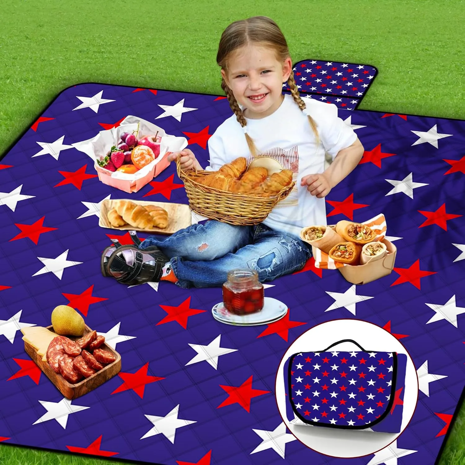 Poedist Extra Large Picnic Blanket Waterproof,80"x 80"Foldable Machine Washable Beach Blanket,Outdoor Blanket for 6-8 Adults,Suitable for Indoor Crawling,Park Beach,Camping,Hiking,Family Travel(Star)