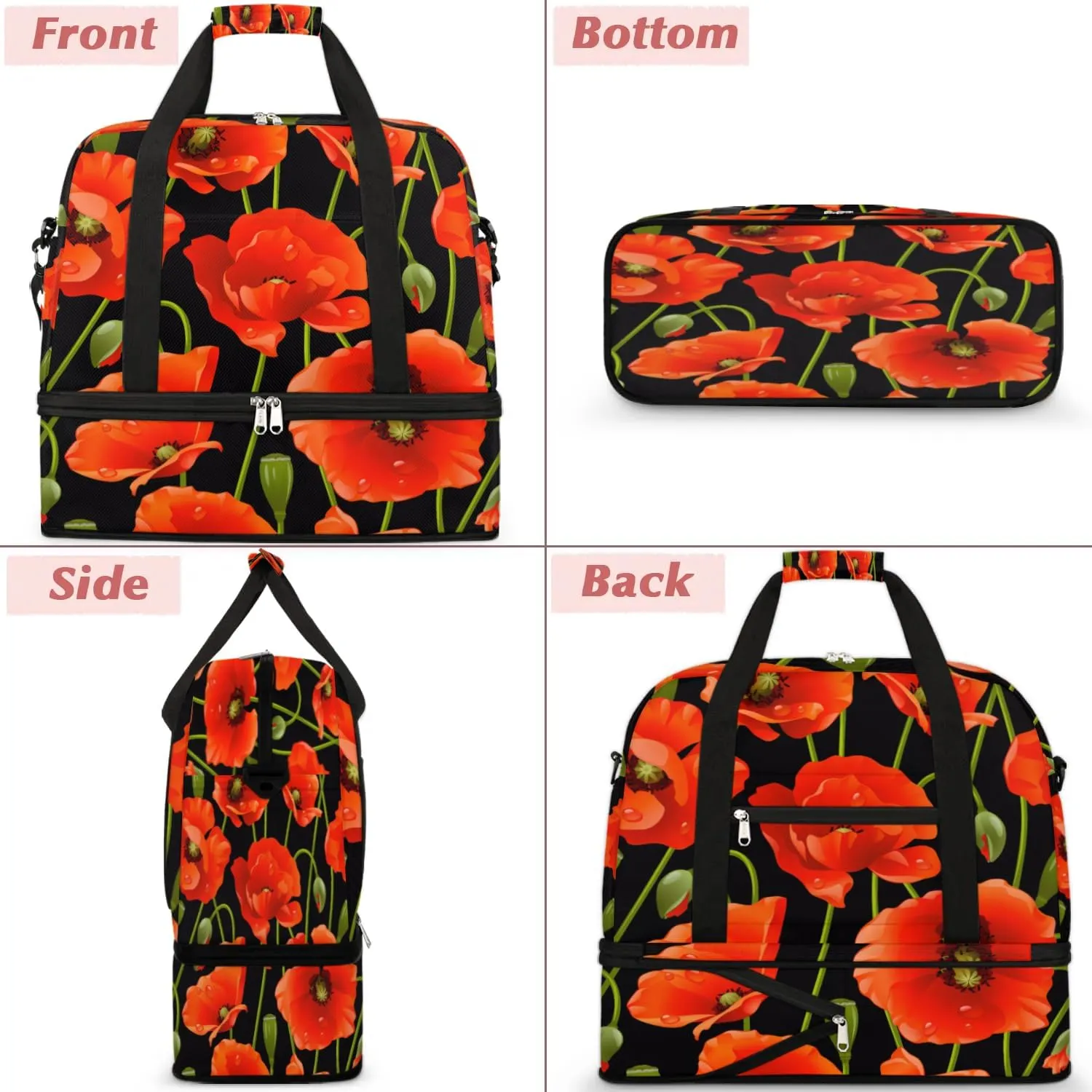 Poppy Sports Gym Bag with Shoes Compartment Foldable Travel Duffel Bag Dry Wet Separated Sports Tote Workout Weekender Overnight Bag for Women Yoga Dance Work Training Handbag