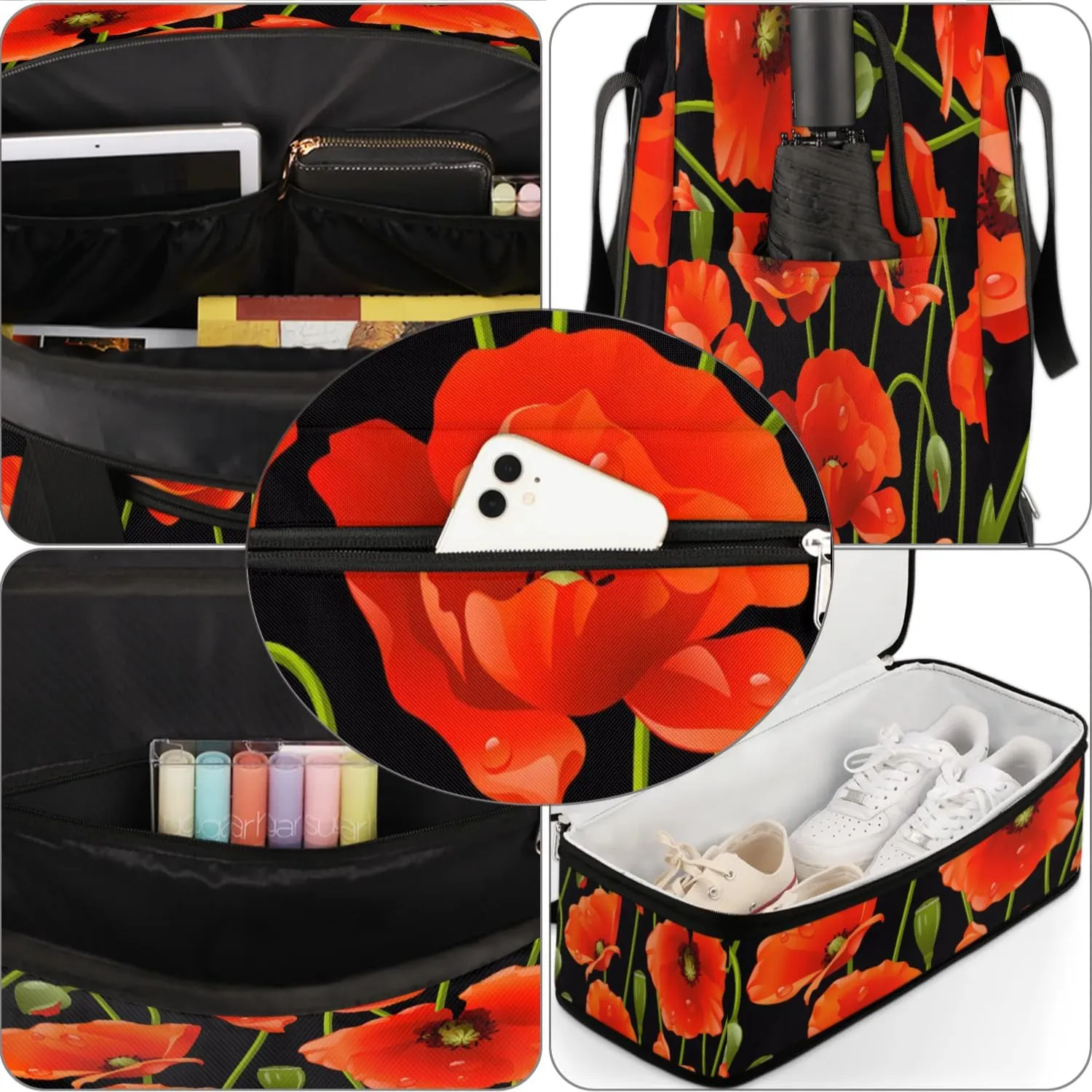 Poppy Sports Gym Bag with Shoes Compartment Foldable Travel Duffel Bag Dry Wet Separated Sports Tote Workout Weekender Overnight Bag for Women Yoga Dance Work Training Handbag