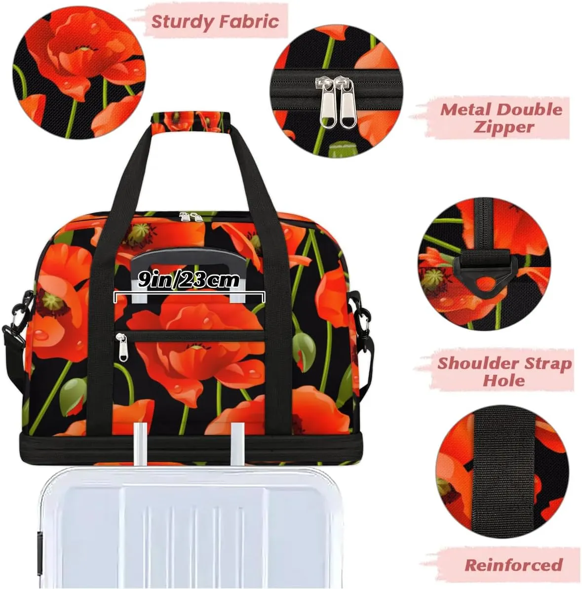 Poppy Sports Gym Bag with Shoes Compartment Foldable Travel Duffel Bag Dry Wet Separated Sports Tote Workout Weekender Overnight Bag for Women Yoga Dance Work Training Handbag