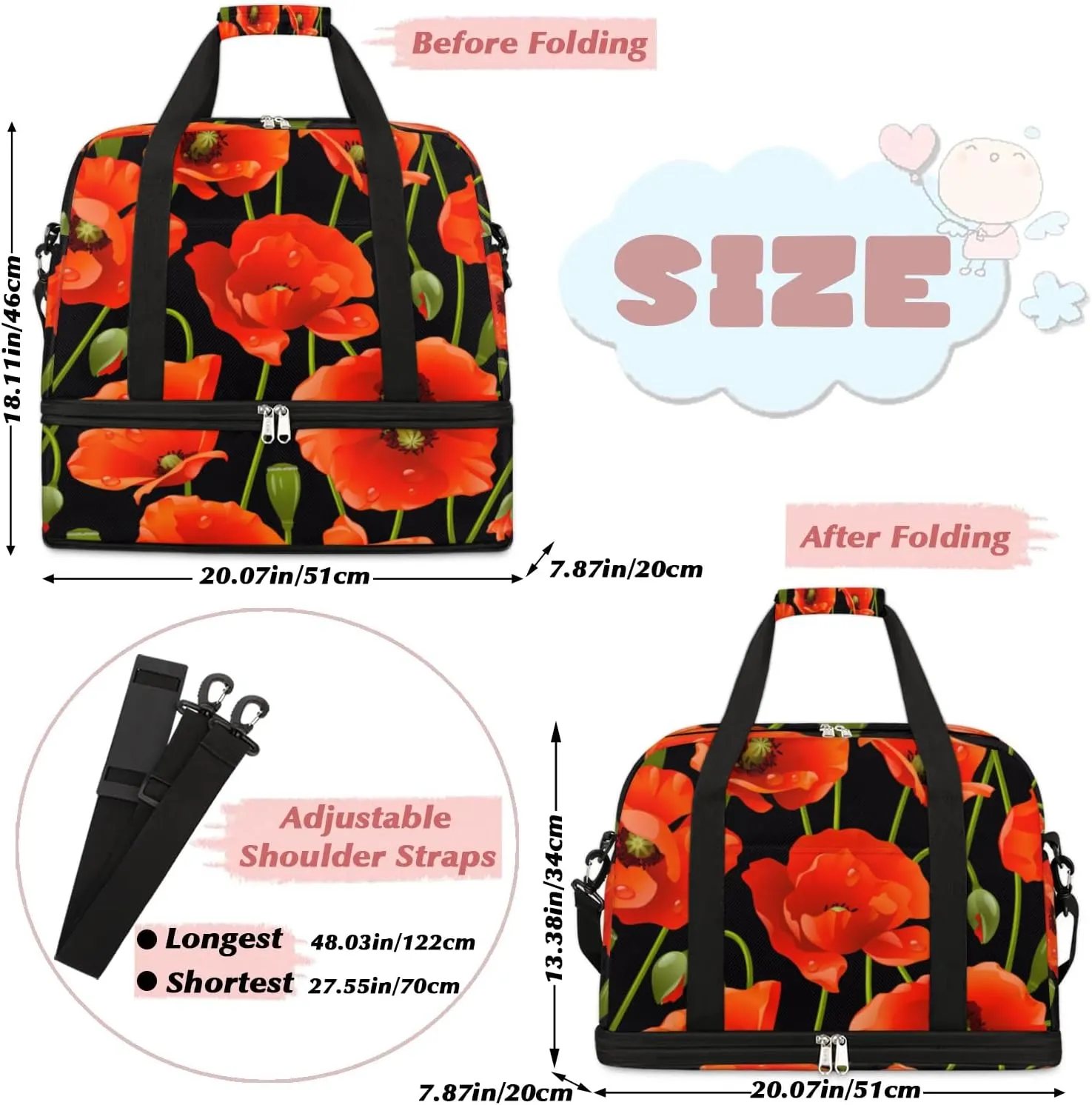 Poppy Sports Gym Bag with Shoes Compartment Foldable Travel Duffel Bag Dry Wet Separated Sports Tote Workout Weekender Overnight Bag for Women Yoga Dance Work Training Handbag
