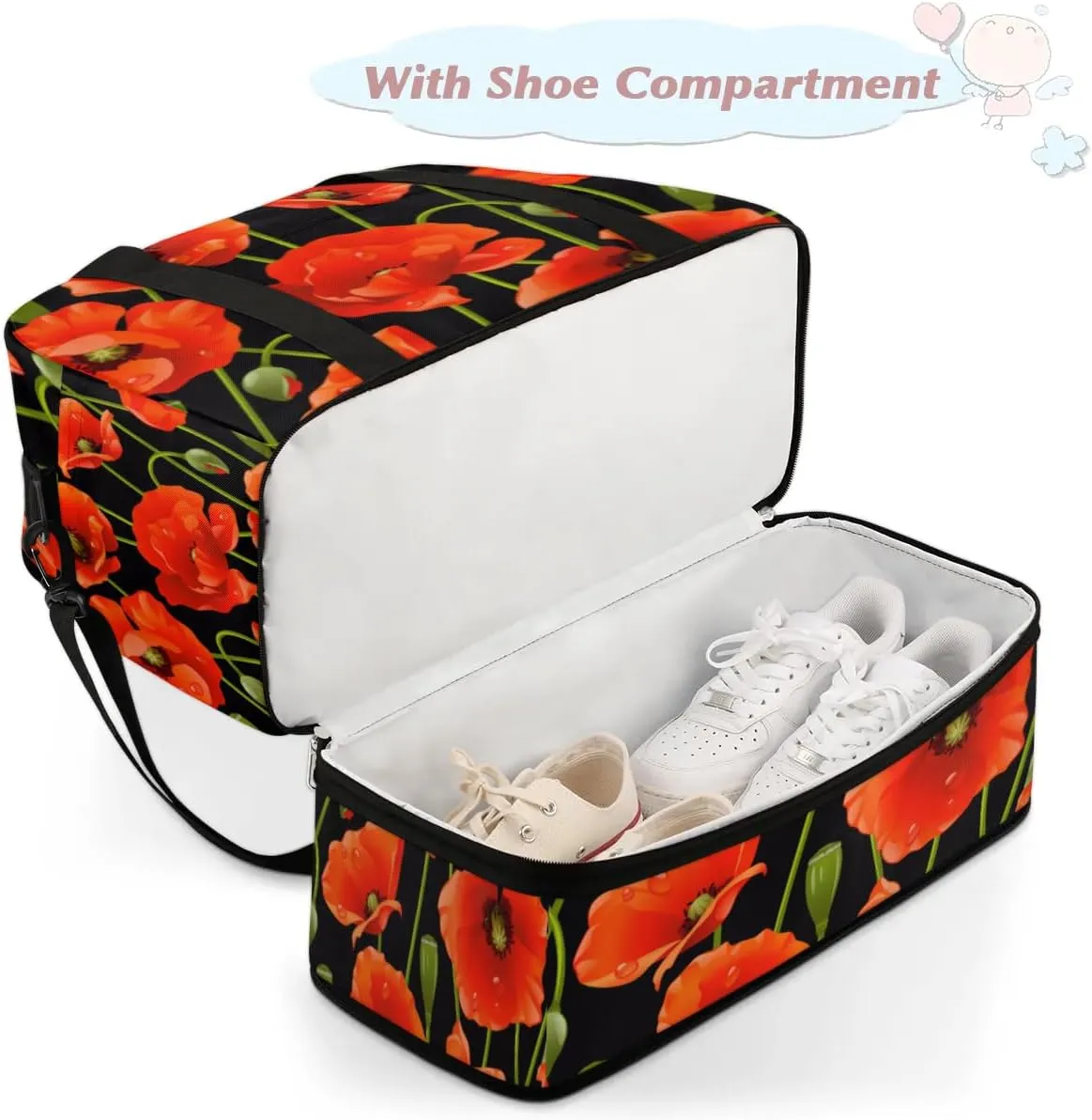 Poppy Sports Gym Bag with Shoes Compartment Foldable Travel Duffel Bag Dry Wet Separated Sports Tote Workout Weekender Overnight Bag for Women Yoga Dance Work Training Handbag