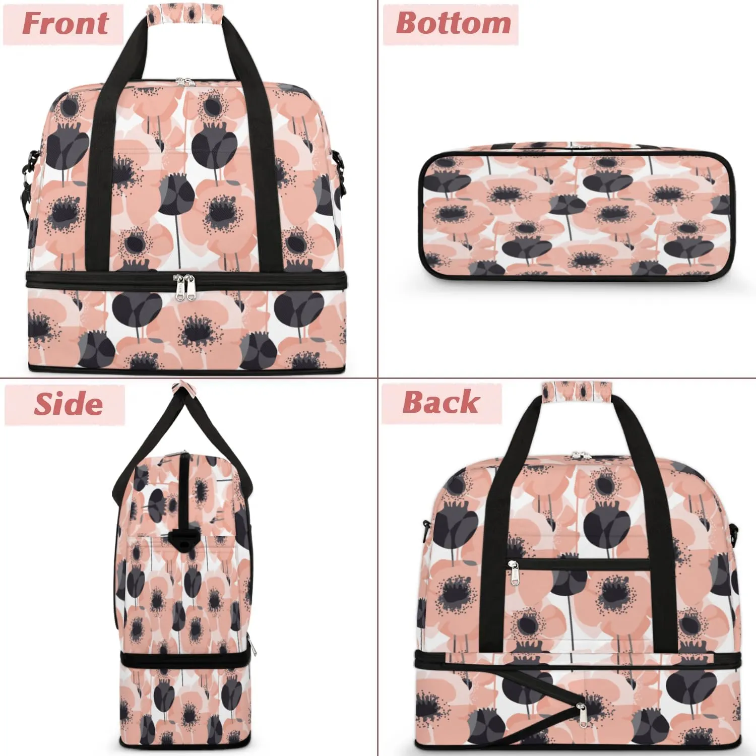 Poppy Summer Pattern Sports Gym Bag with Shoes Compartment Foldable Travel Duffel Bag Dry Wet Separated Sports Tote Workout Weekender Overnight Bag for Women Yoga Dance Work Training Handbag