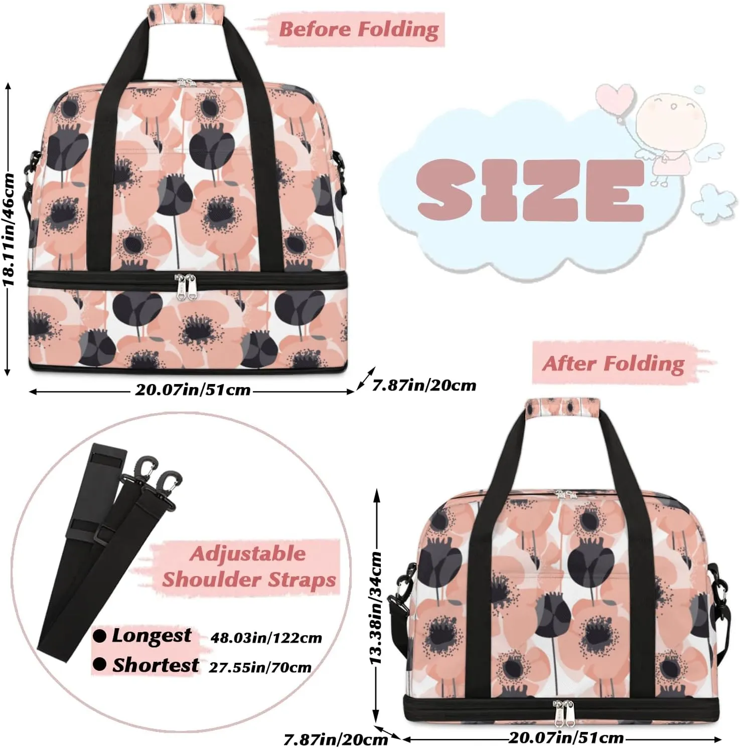 Poppy Summer Pattern Sports Gym Bag with Shoes Compartment Foldable Travel Duffel Bag Dry Wet Separated Sports Tote Workout Weekender Overnight Bag for Women Yoga Dance Work Training Handbag