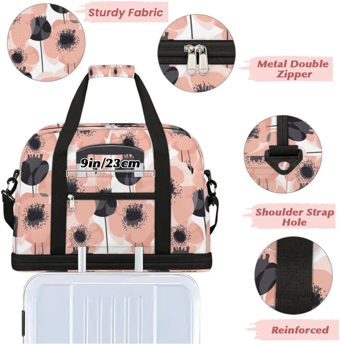 Poppy Summer Pattern Sports Gym Bag with Shoes Compartment Foldable Travel Duffel Bag Dry Wet Separated Sports Tote Workout Weekender Overnight Bag for Women Yoga Dance Work Training Handbag