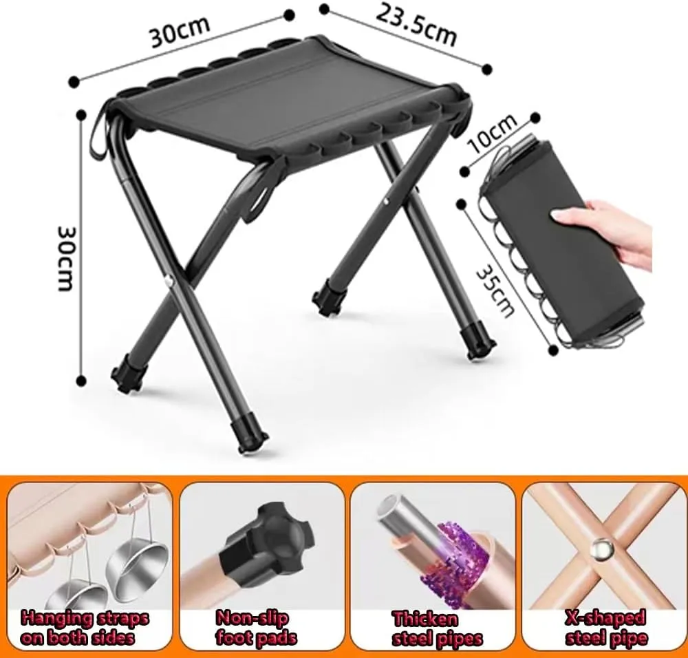 Portable Folding Camping Stool, Foldable Small Fishing Stool, Lightweight Hand Bag Stool Metal Low Seat for Outdoor Backpacking Hiking Backyard(Black)
