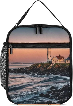 Portland River Lighthouse Sunrise Reusable Lunch Bag Insulated Leakproof Lunch Box Lunch Tote Bag for Women Men Office Picnic Travel