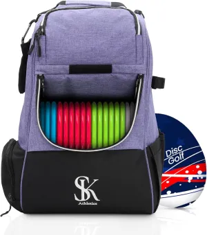 Premium Disc Golf Backpack – Durable, Water-Resistant Polyester Frisbee Golf Bag with Max Storage – Holds 24  Discs, Retriever Strap, Chalk Bag, Bottle Holder – Ergonomic Design, Purple & Black