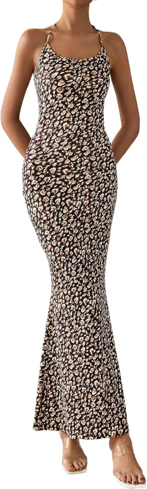 PRETTYGARDEN Maxi Dresses for Women 2025 Summer Halter Leopard Print Sleeveless Sexy Bodycon Cruise Cocktail Long Dress