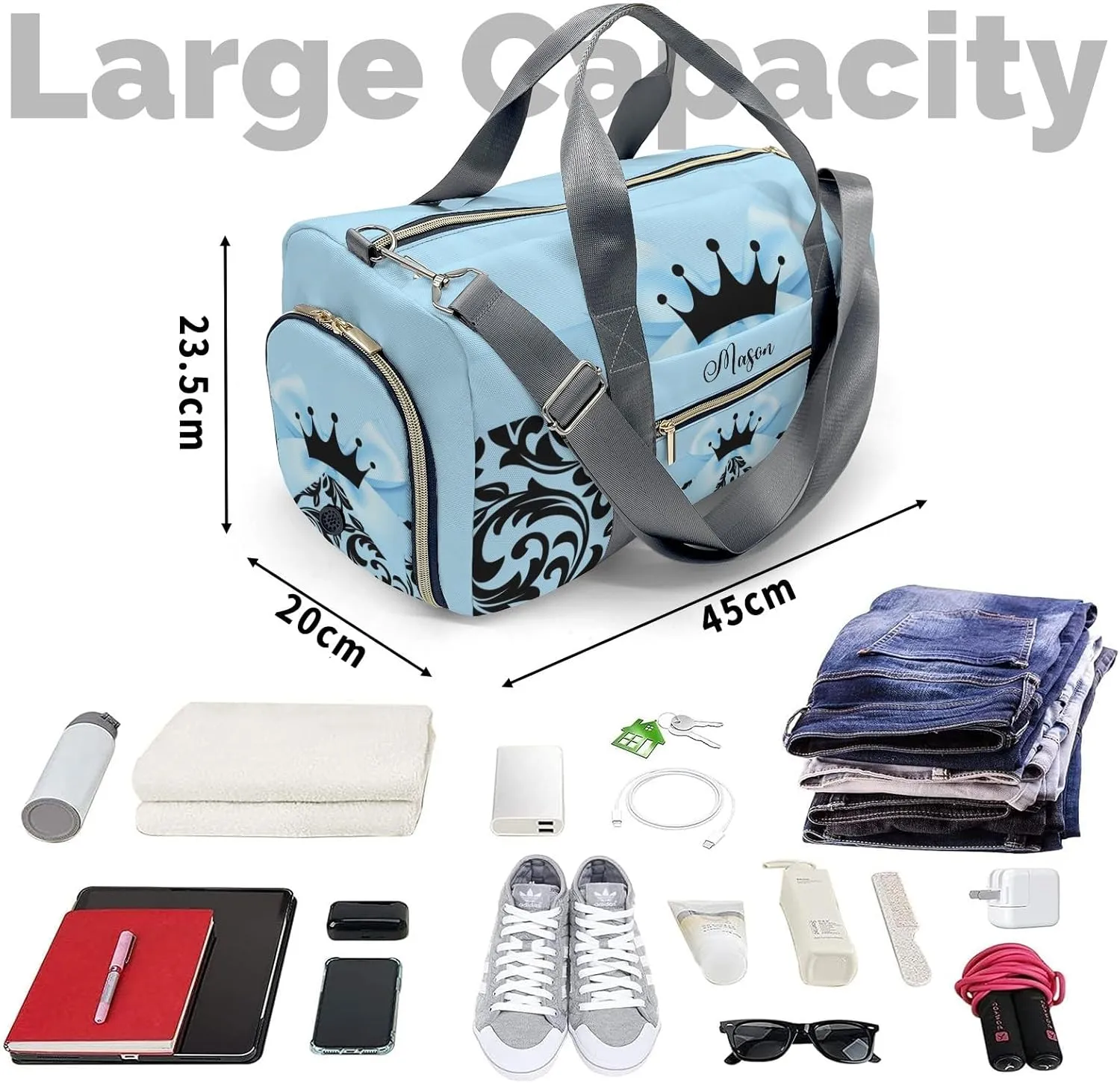Princess Bow Black Blue Personalized Duffel Bag,Custom Travel Gym Bag with Name,Waterproof Sports Overnight Bag with Shoe Compartment & Shoulder Strap