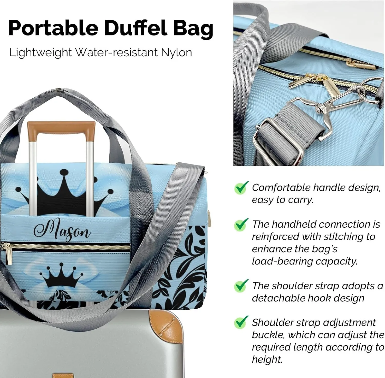 Princess Bow Black Blue Personalized Duffel Bag,Custom Travel Gym Bag with Name,Waterproof Sports Overnight Bag with Shoe Compartment & Shoulder Strap