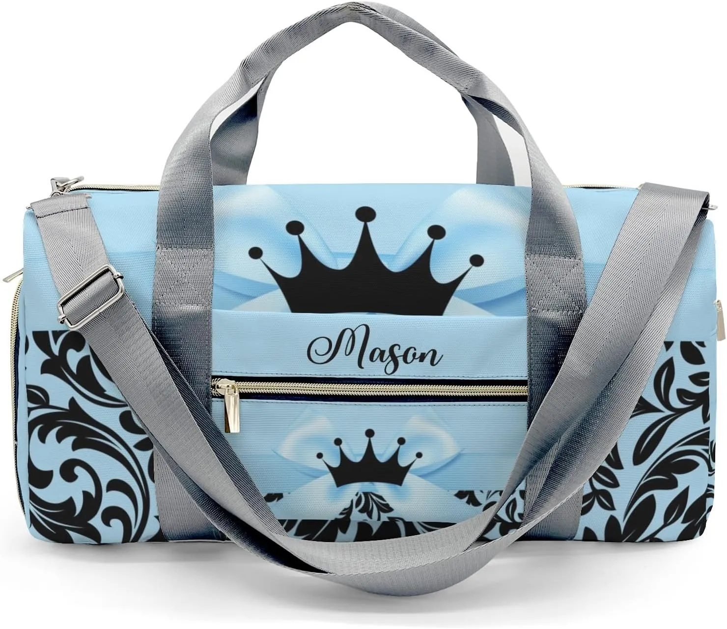 Princess Bow Black Blue Personalized Duffel Bag,Custom Travel Gym Bag with Name,Waterproof Sports Overnight Bag with Shoe Compartment & Shoulder Strap