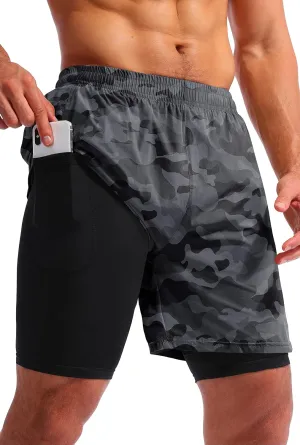 Pudolla Men’s 2 in 1 Running Shorts 5"/7" Quick Dry Gym Athletic Workout Shorts for Men with Phone Pockets