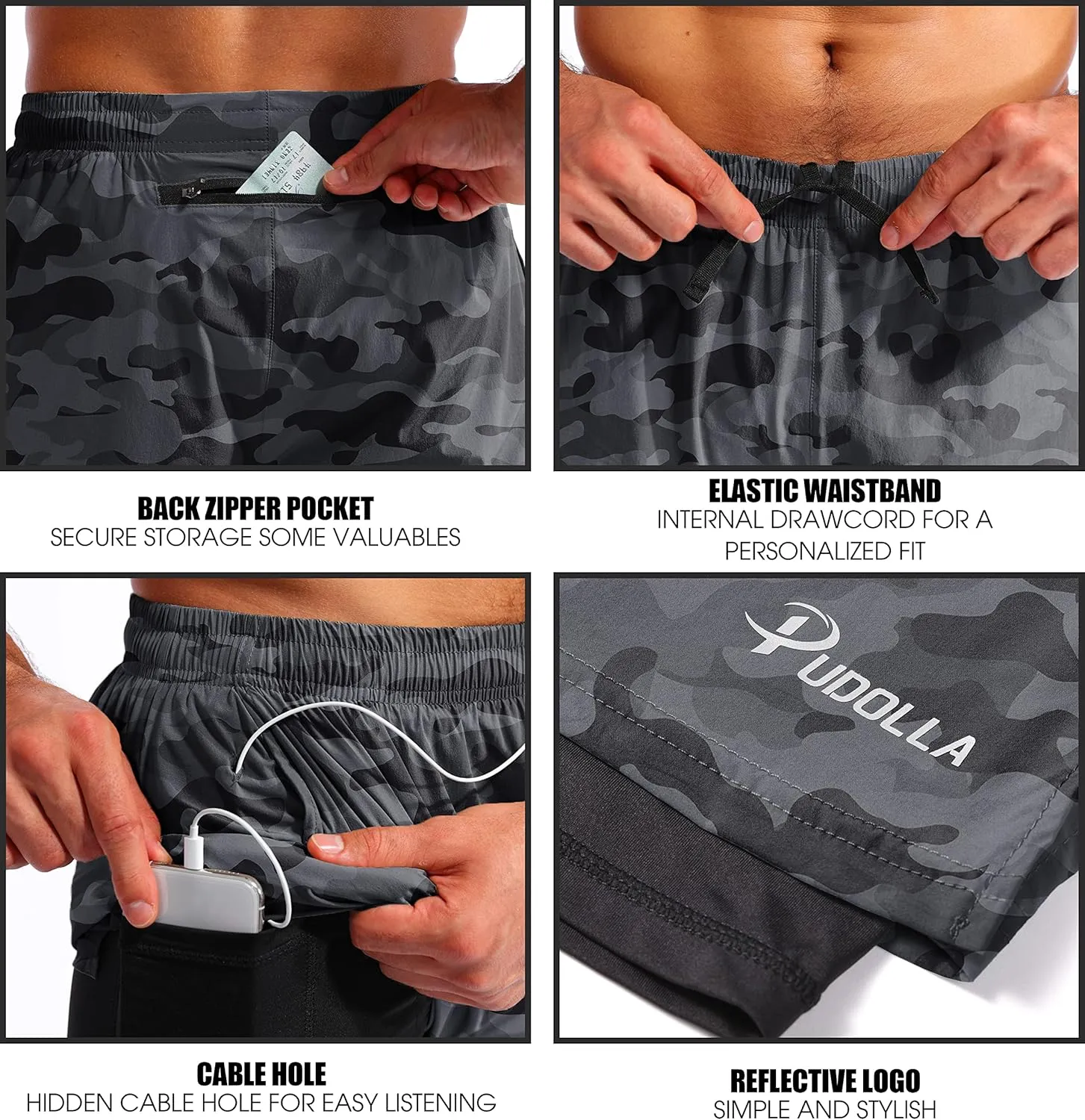 Pudolla Men’s 2 in 1 Running Shorts 5"/7" Quick Dry Gym Athletic Workout Shorts for Men with Phone Pockets