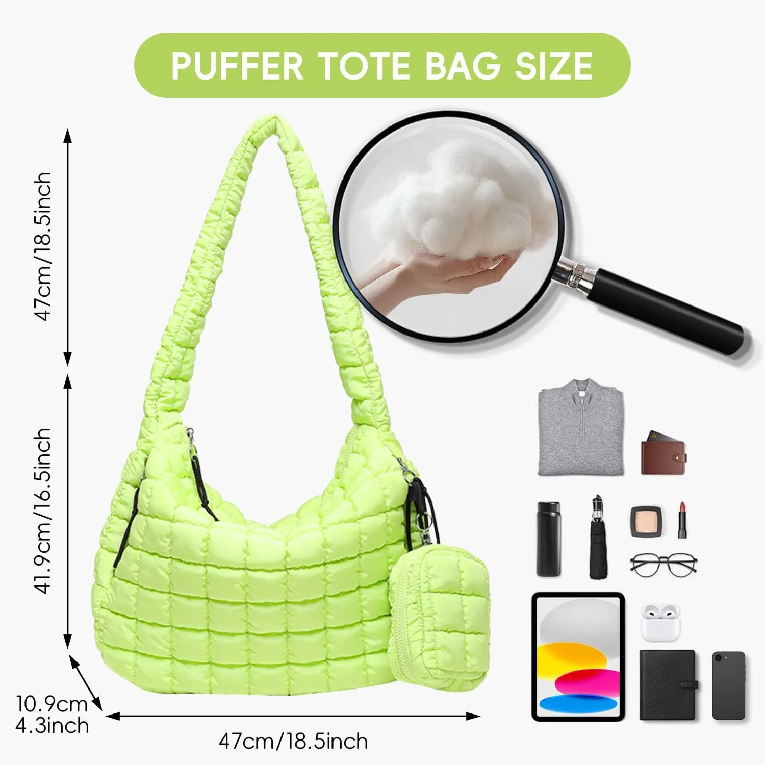 Puffer Tote Bag for Women, Large Quilted Puffer Bag with Pouch, Puffy Quilted Hobo Bag, Puff Crossbody Purse