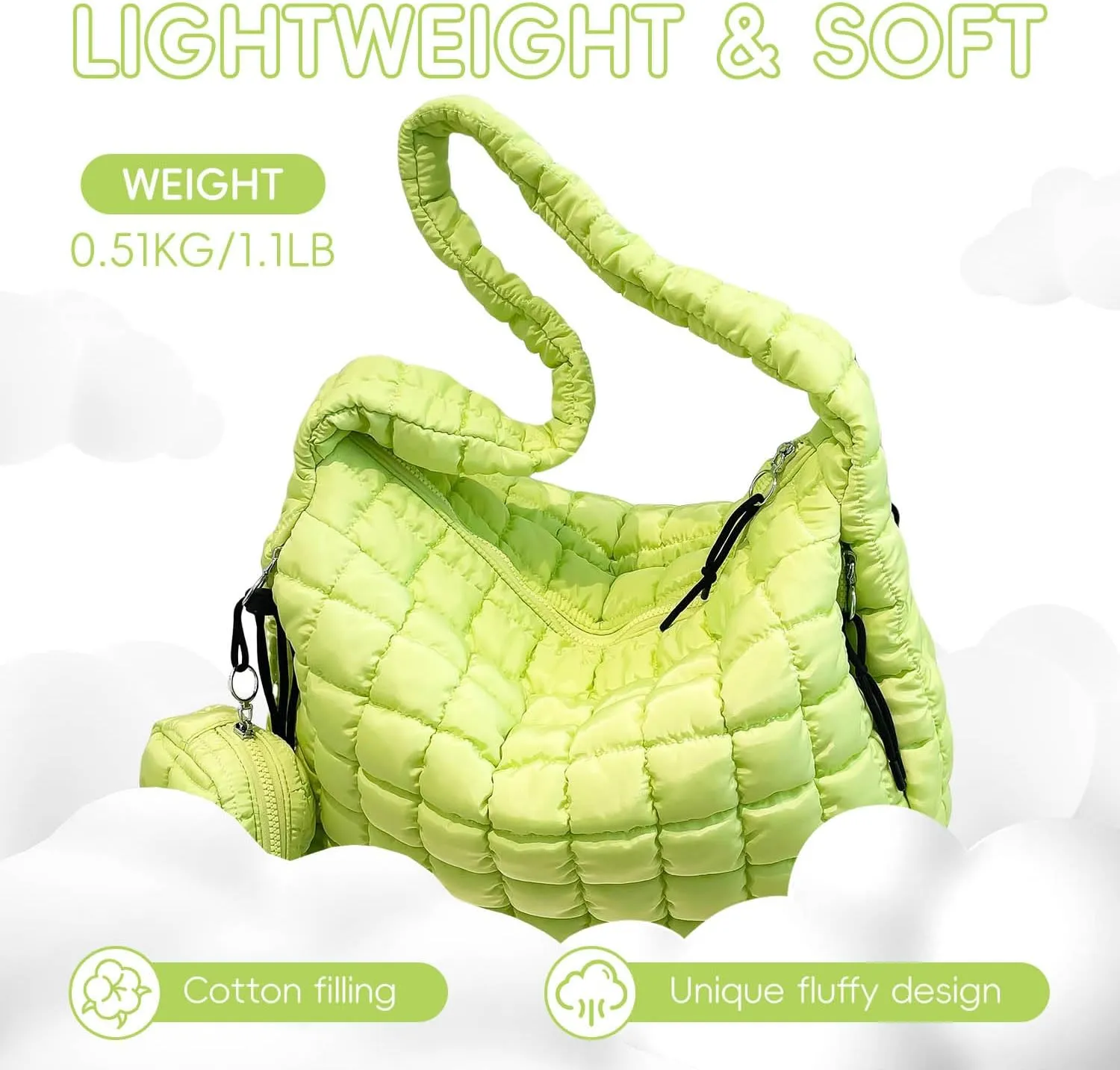 Puffer Tote Bag for Women, Large Quilted Puffer Bag with Pouch, Puffy Quilted Hobo Bag, Puff Crossbody Purse