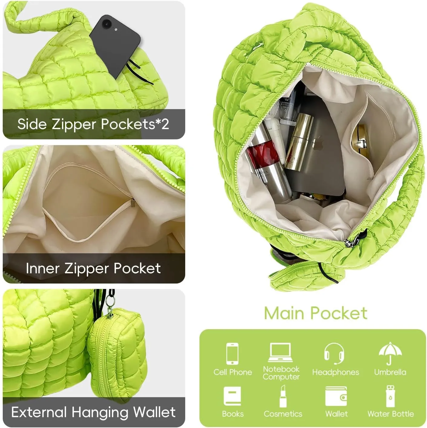 Puffer Tote Bag for Women, Large Quilted Puffer Bag with Pouch, Puffy Quilted Hobo Bag, Puff Crossbody Purse