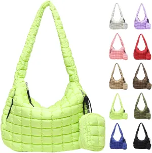 Puffer Tote Bag for Women, Large Quilted Puffer Bag with Pouch, Puffy Quilted Hobo Bag, Puff Crossbody Purse