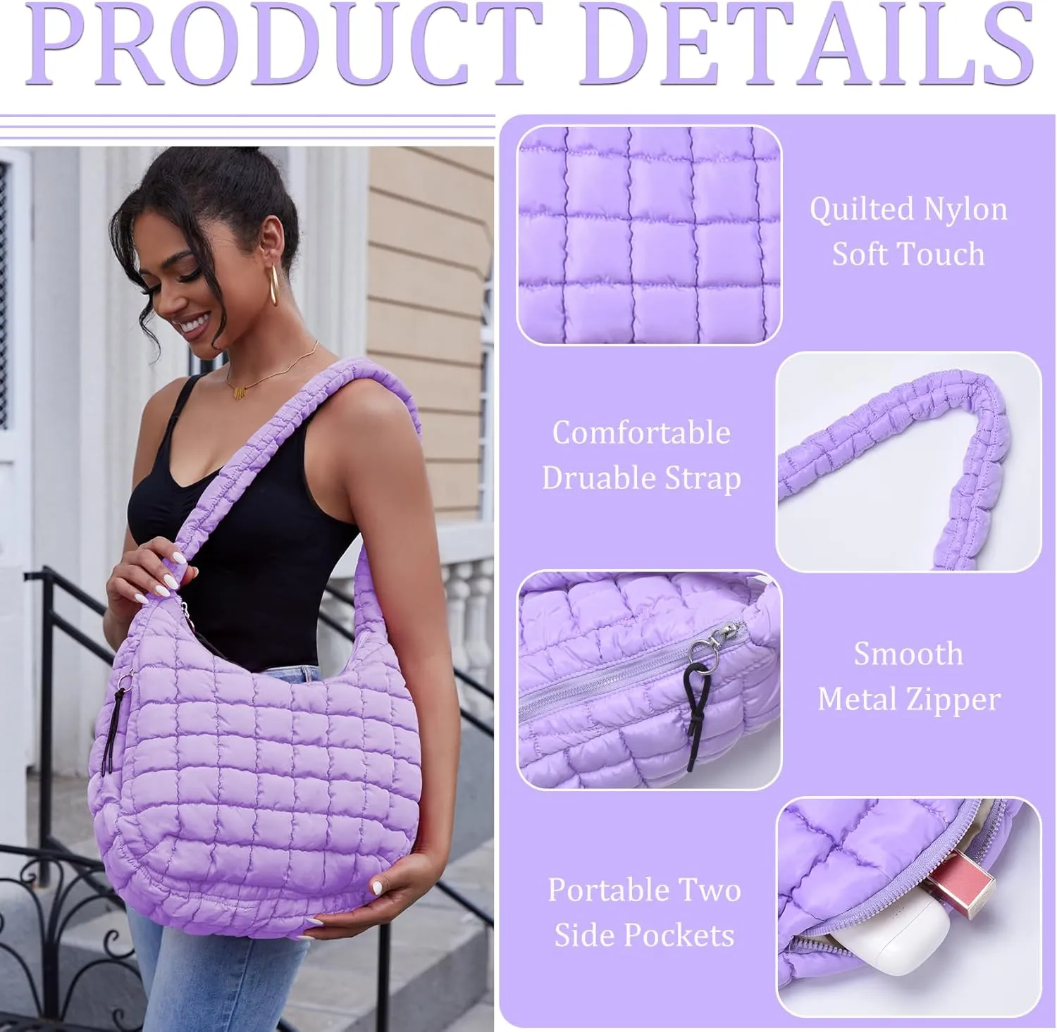 Puffer Tote Bag Quilted Tote Bag for Women Large Puffy Purse Lightweight Padding Cotton Crossbody Carryall Bag