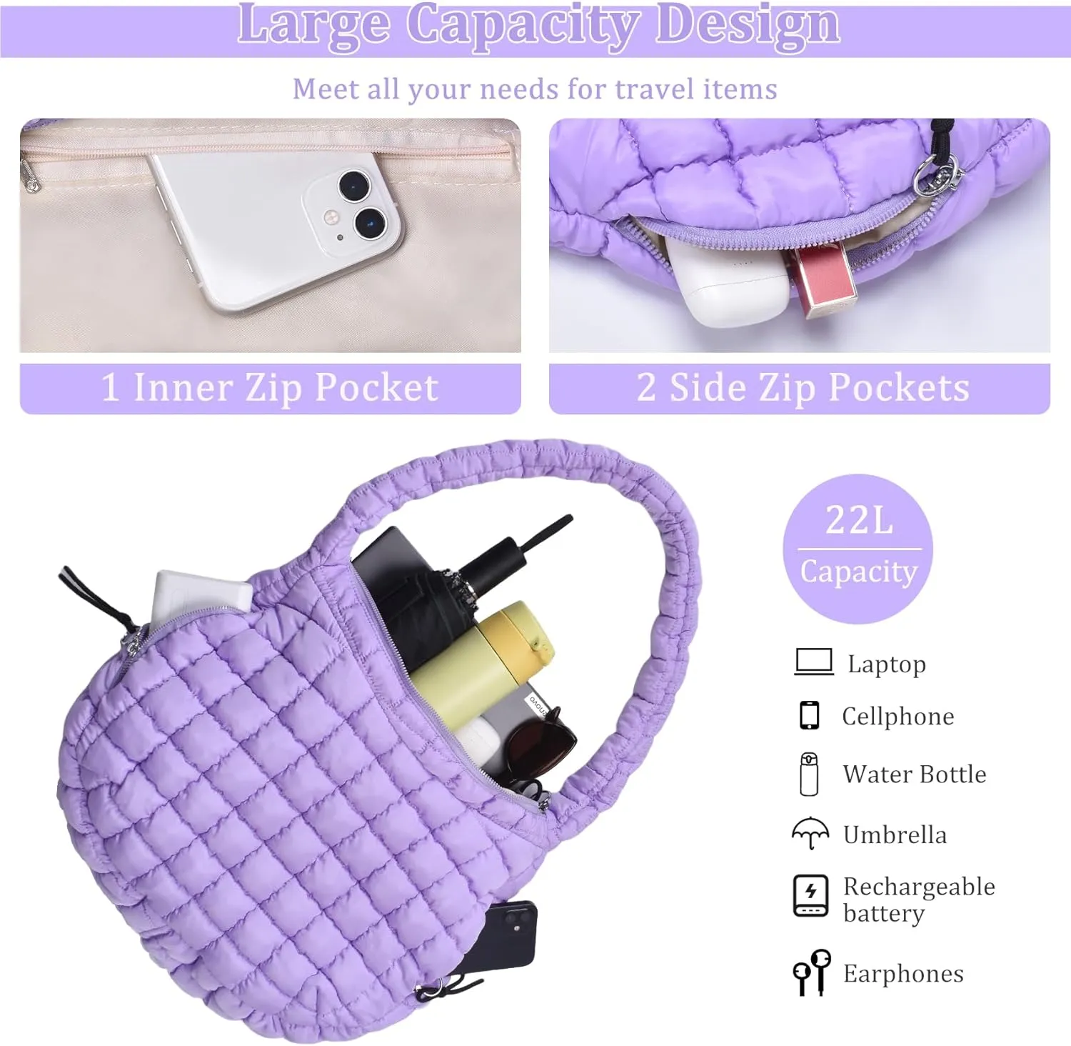 Puffer Tote Bag Quilted Tote Bag for Women Large Puffy Purse Lightweight Padding Cotton Crossbody Carryall Bag