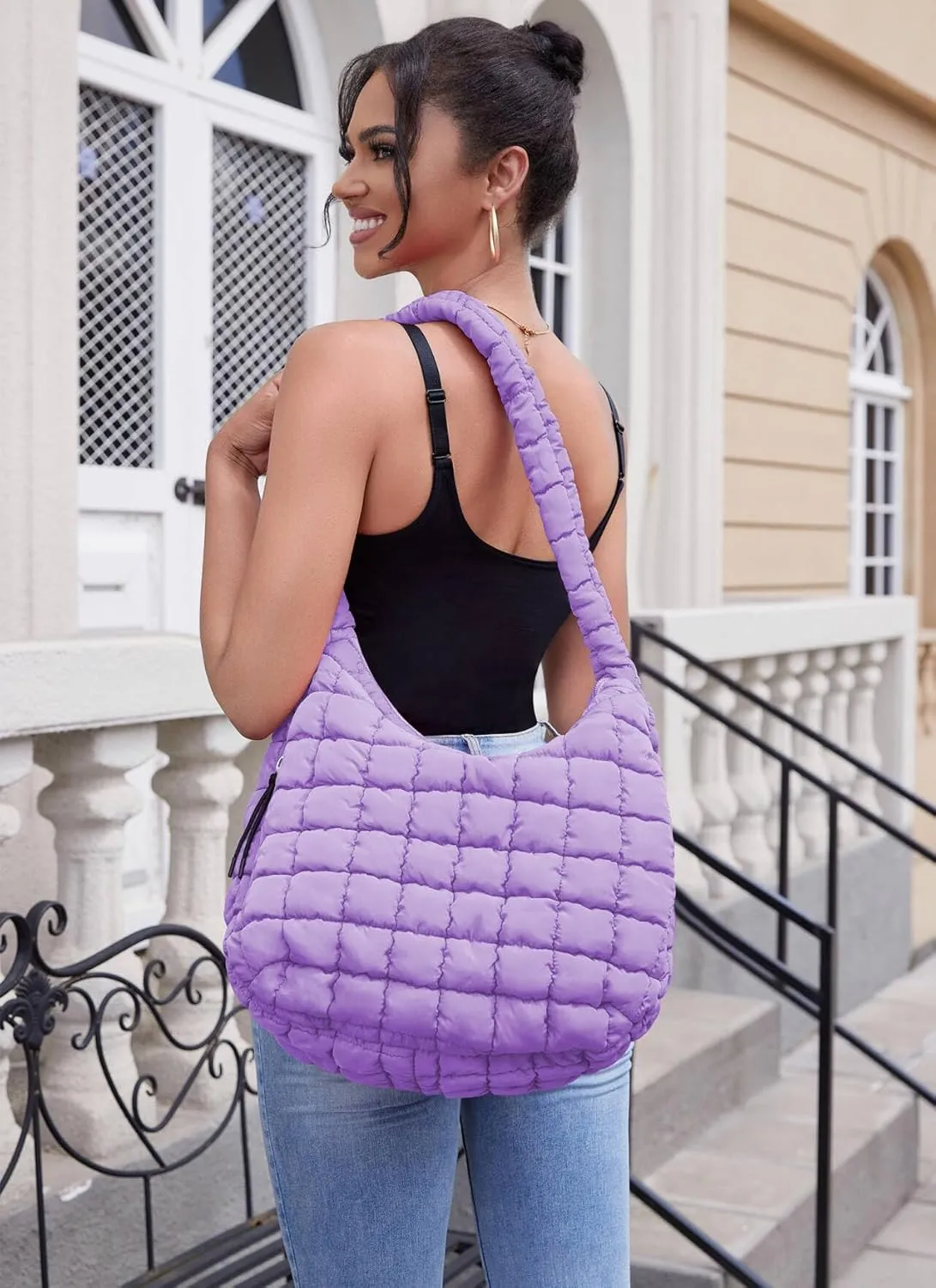 Puffer Tote Bag Quilted Tote Bag for Women Large Puffy Purse Lightweight Padding Cotton Crossbody Carryall Bag