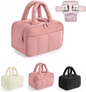Puffy Travel Toiletry Bag for Women,Lightweight Cosmetic Organizer with Wet-Dry Compartments & Handle,Large Makeup Bag for Essentials (Pink)