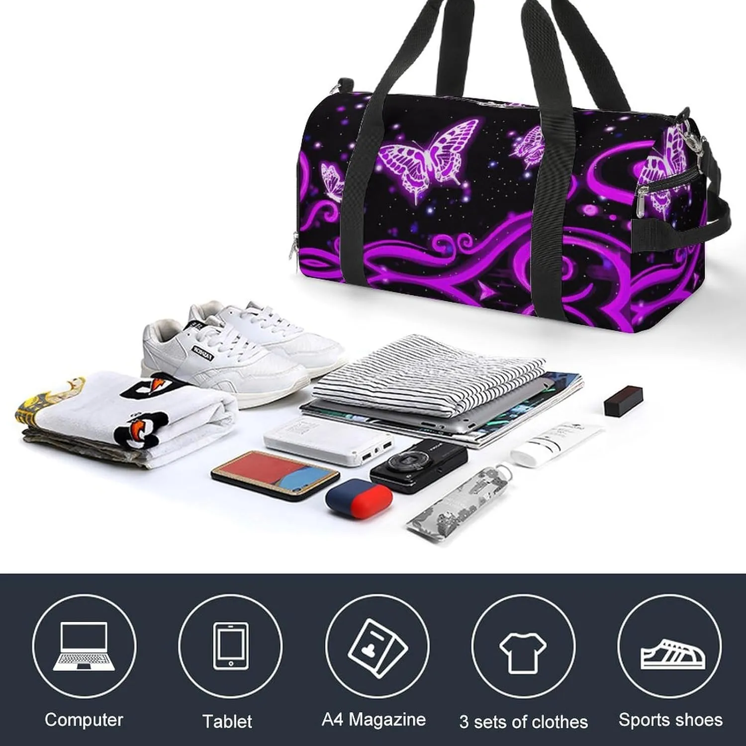 Purple Butterfly Sport Gym Duffle Travel Bag with Shoe Compartment,Wet Pocket for Men and Women