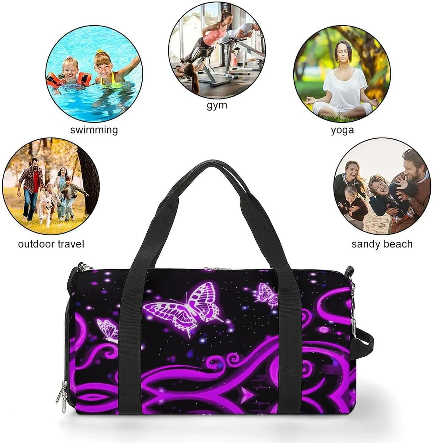 Purple Butterfly Sport Gym Duffle Travel Bag with Shoe Compartment,Wet Pocket for Men and Women