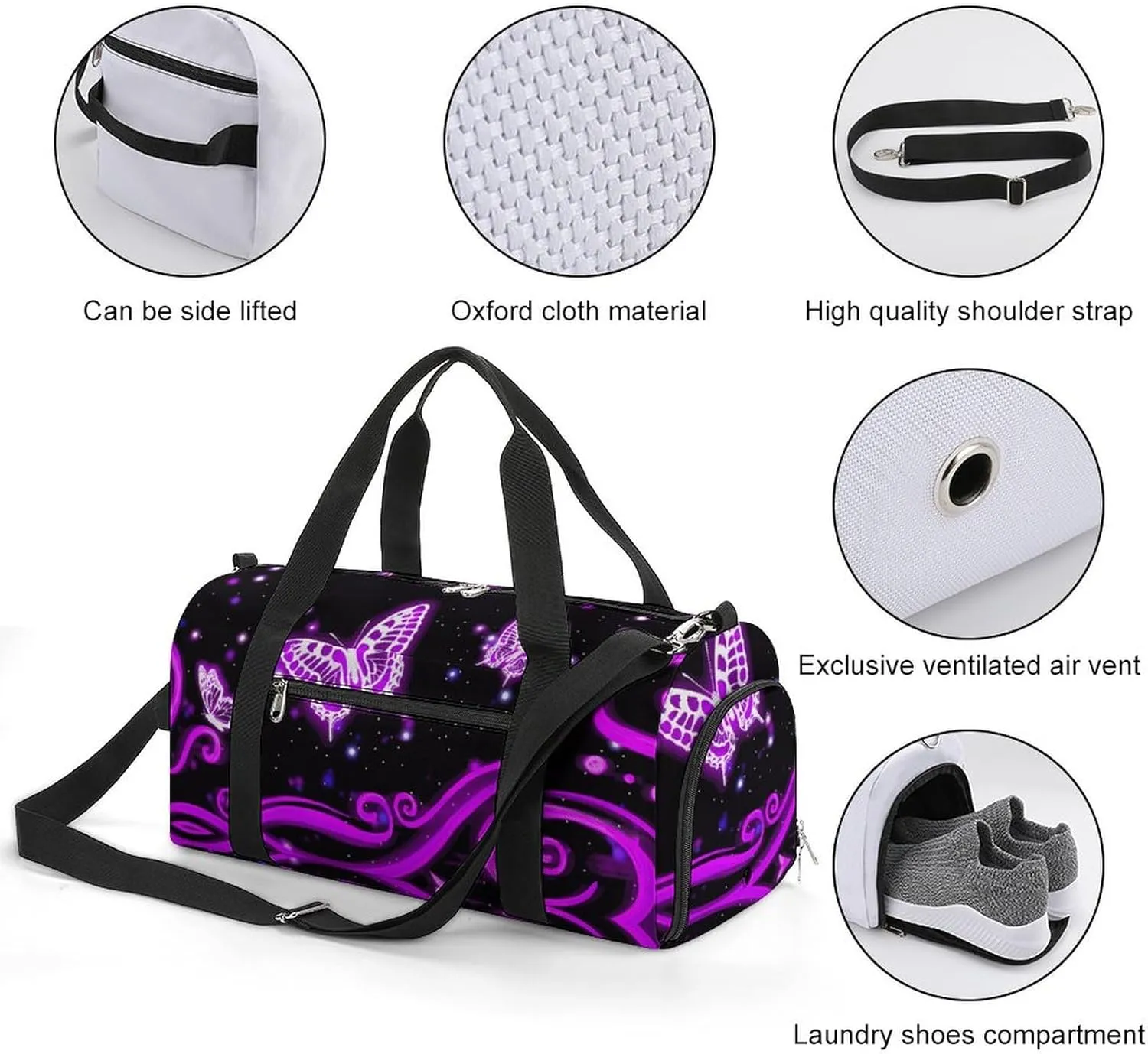 Purple Butterfly Sport Gym Duffle Travel Bag with Shoe Compartment,Wet Pocket for Men and Women