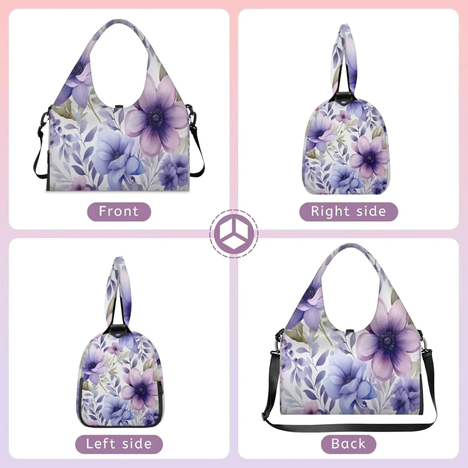 Purple Petal Paradise Waterproof Gym Bag for Men Women, Sports Duffel Bag with Shoe Compartment Yoga Mat Holder, Portable Large Travel Bag for Fitness, Camping, Weekend Trips