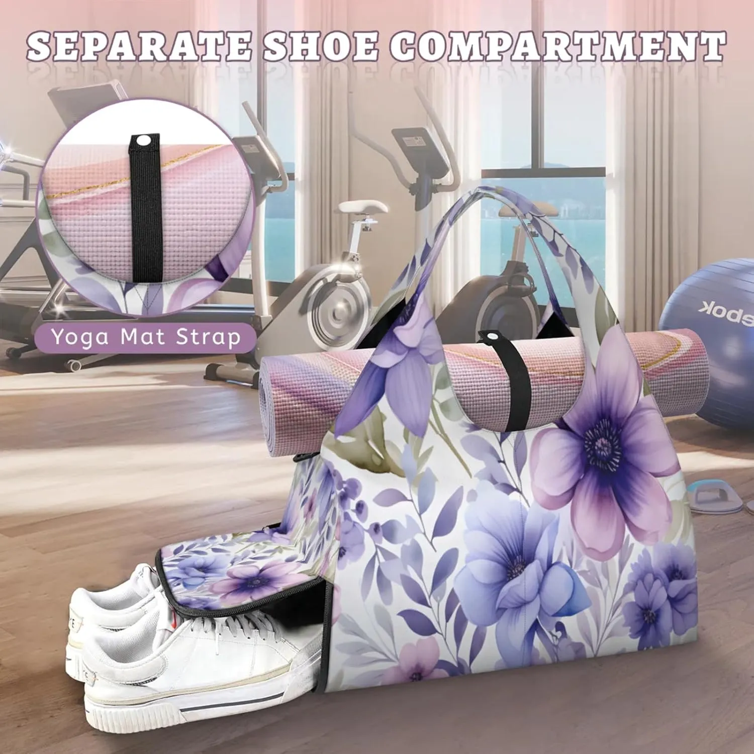 Purple Petal Paradise Waterproof Gym Bag for Men Women, Sports Duffel Bag with Shoe Compartment Yoga Mat Holder, Portable Large Travel Bag for Fitness, Camping, Weekend Trips