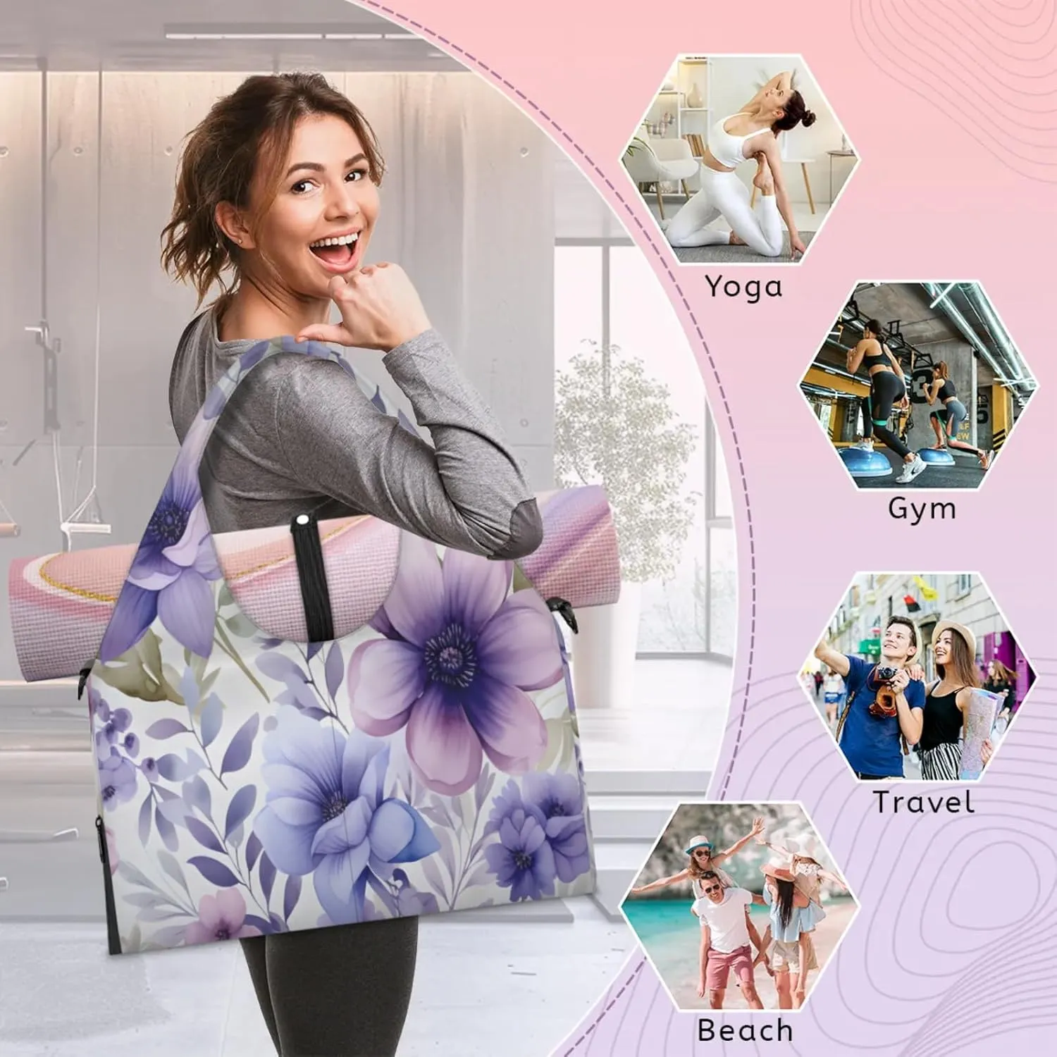 Purple Petal Paradise Waterproof Gym Bag for Men Women, Sports Duffel Bag with Shoe Compartment Yoga Mat Holder, Portable Large Travel Bag for Fitness, Camping, Weekend Trips