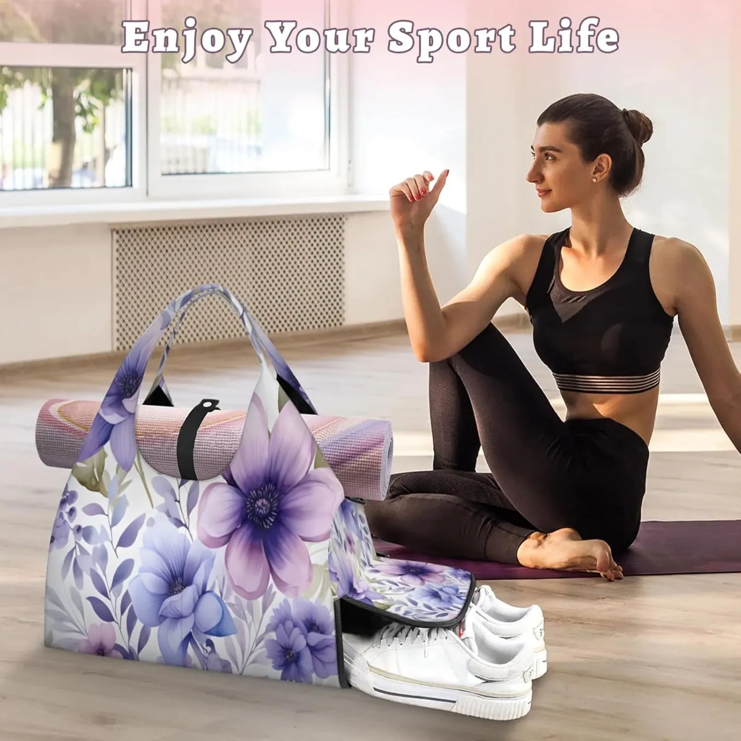 Purple Petal Paradise Waterproof Gym Bag for Men Women, Sports Duffel Bag with Shoe Compartment Yoga Mat Holder, Portable Large Travel Bag for Fitness, Camping, Weekend Trips