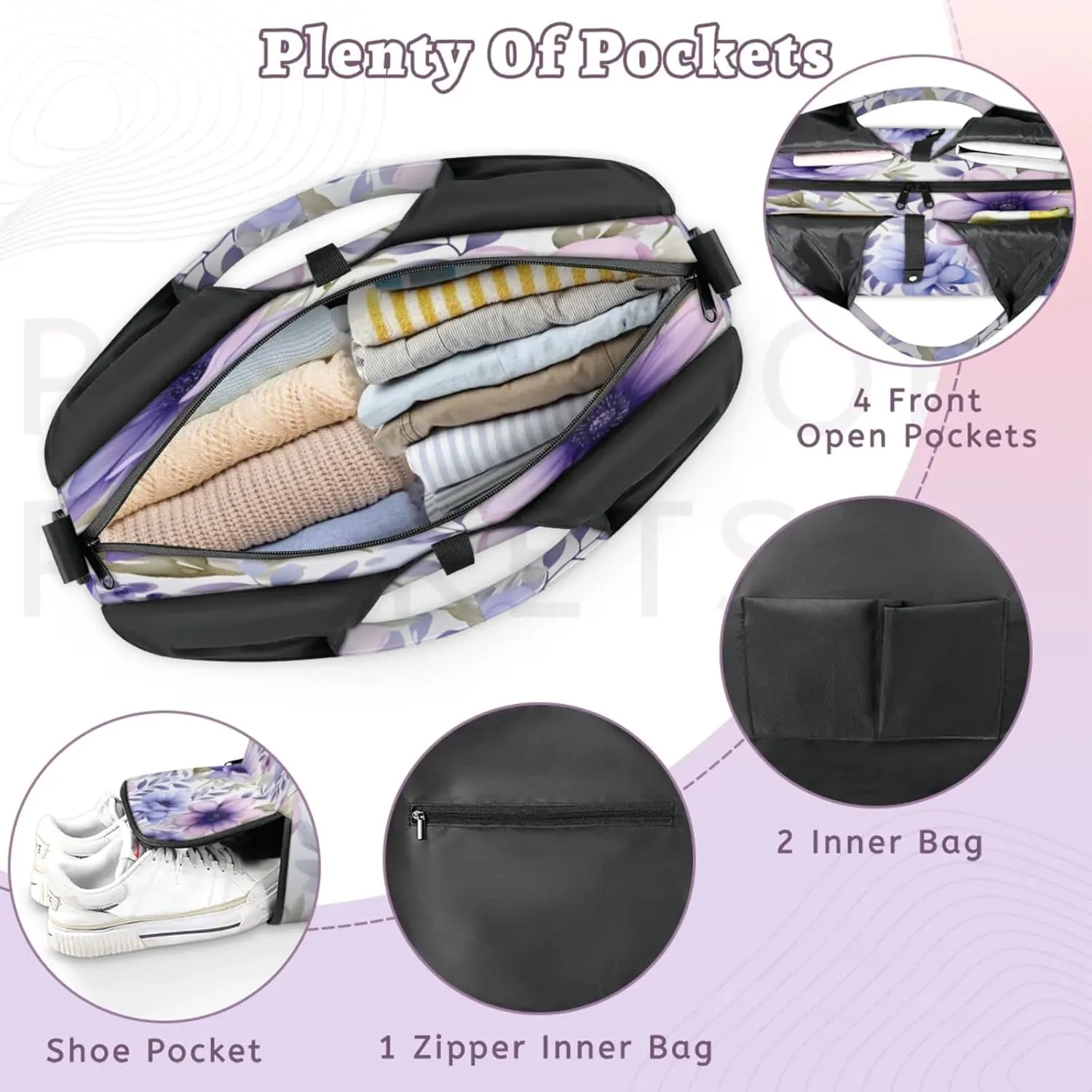 Purple Petal Paradise Waterproof Gym Bag for Men Women, Sports Duffel Bag with Shoe Compartment Yoga Mat Holder, Portable Large Travel Bag for Fitness, Camping, Weekend Trips