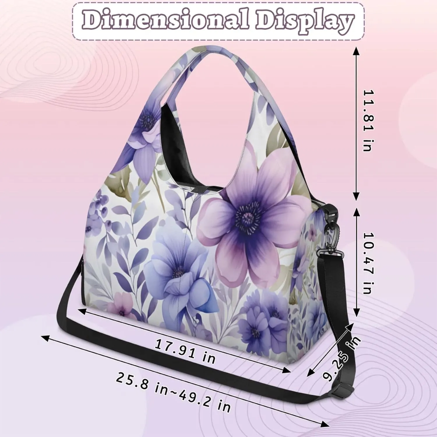 Purple Petal Paradise Waterproof Gym Bag for Men Women, Sports Duffel Bag with Shoe Compartment Yoga Mat Holder, Portable Large Travel Bag for Fitness, Camping, Weekend Trips