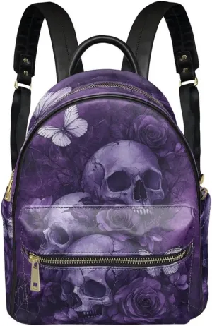Purple Skull Backpack Purse for Women, PU Leather Travel Mini Backpack, Shoulder Bag with Front Zipper Pocket Waterproof College School Daypack