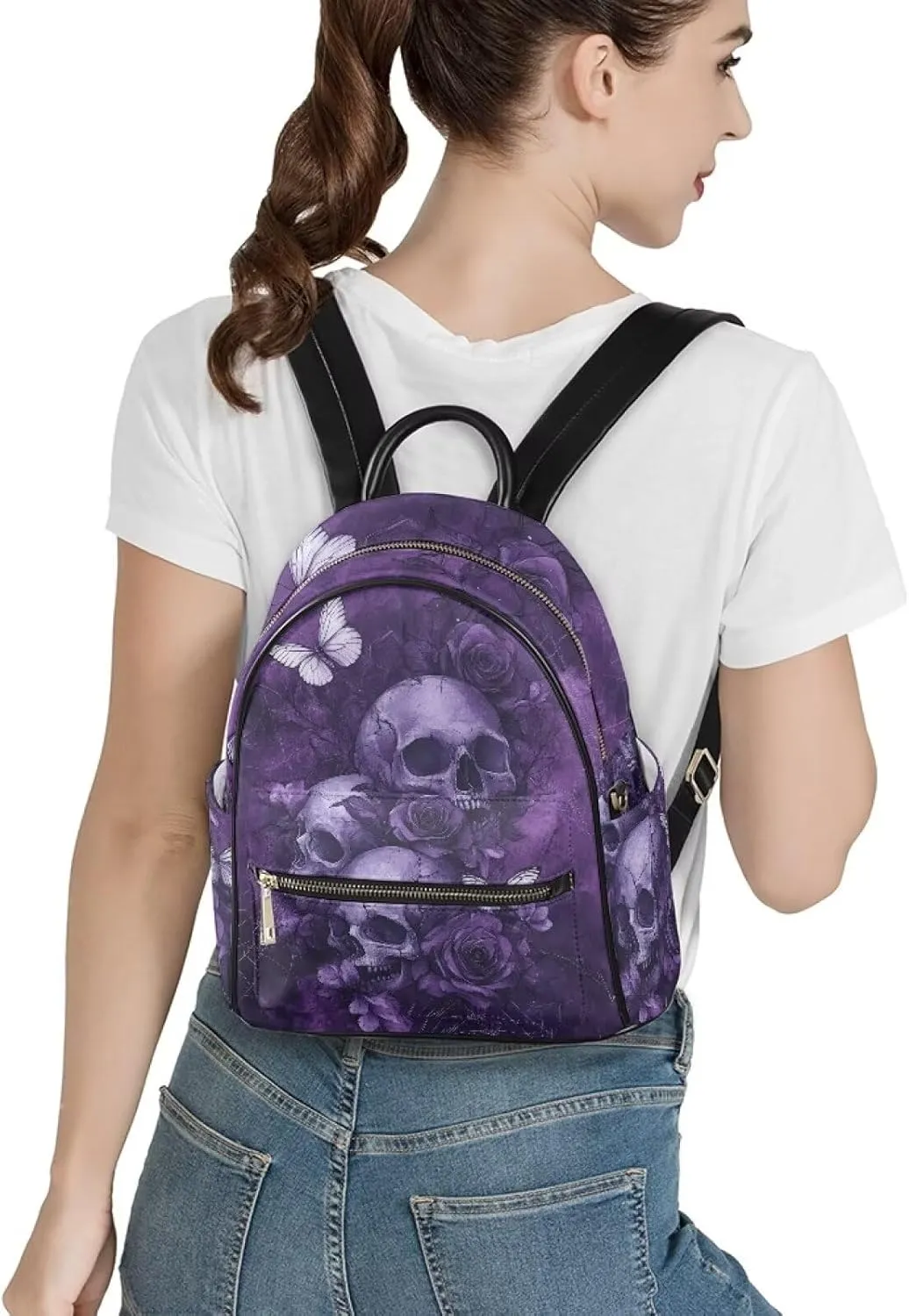 Purple Skull Backpack Purse for Women, PU Leather Travel Mini Backpack, Shoulder Bag with Front Zipper Pocket Waterproof College School Daypack