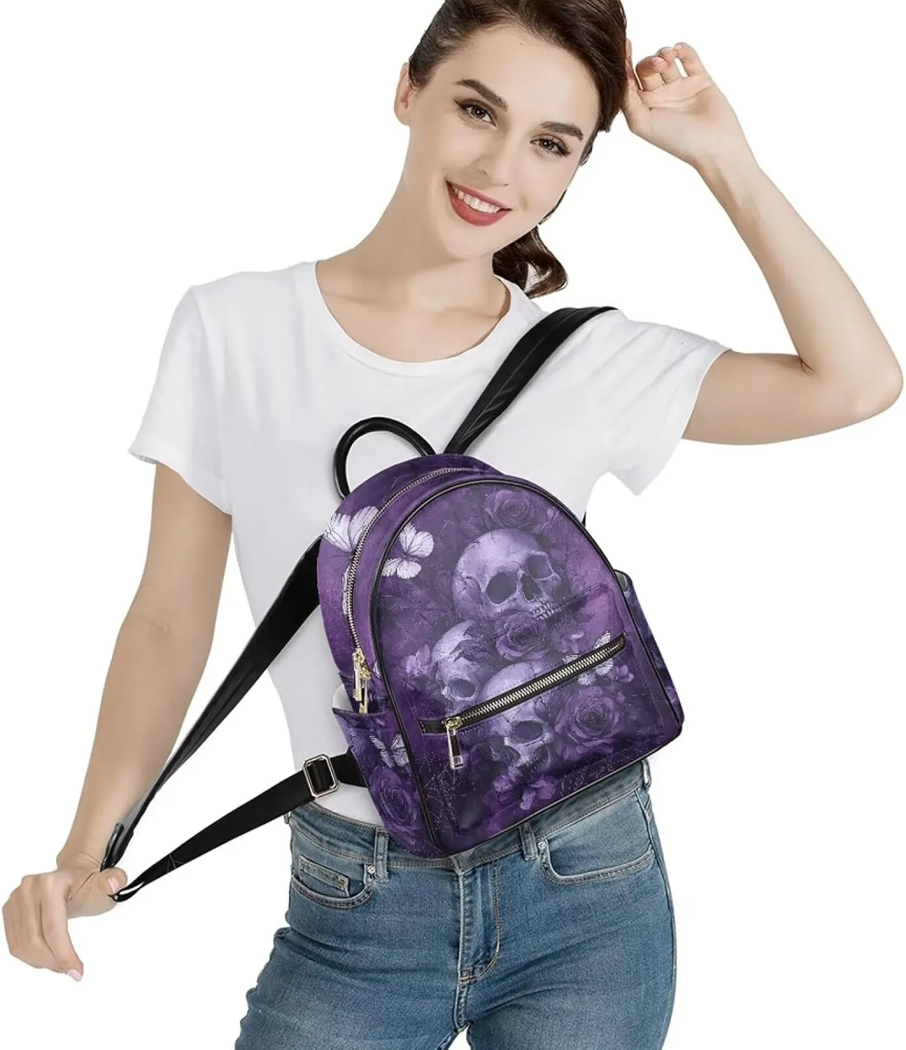Purple Skull Backpack Purse for Women, PU Leather Travel Mini Backpack, Shoulder Bag with Front Zipper Pocket Waterproof College School Daypack