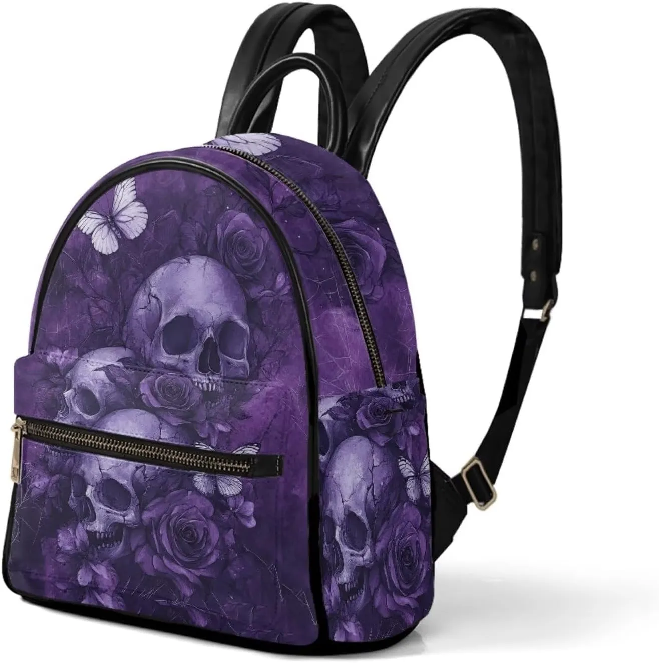 Purple Skull Backpack Purse for Women, PU Leather Travel Mini Backpack, Shoulder Bag with Front Zipper Pocket Waterproof College School Daypack