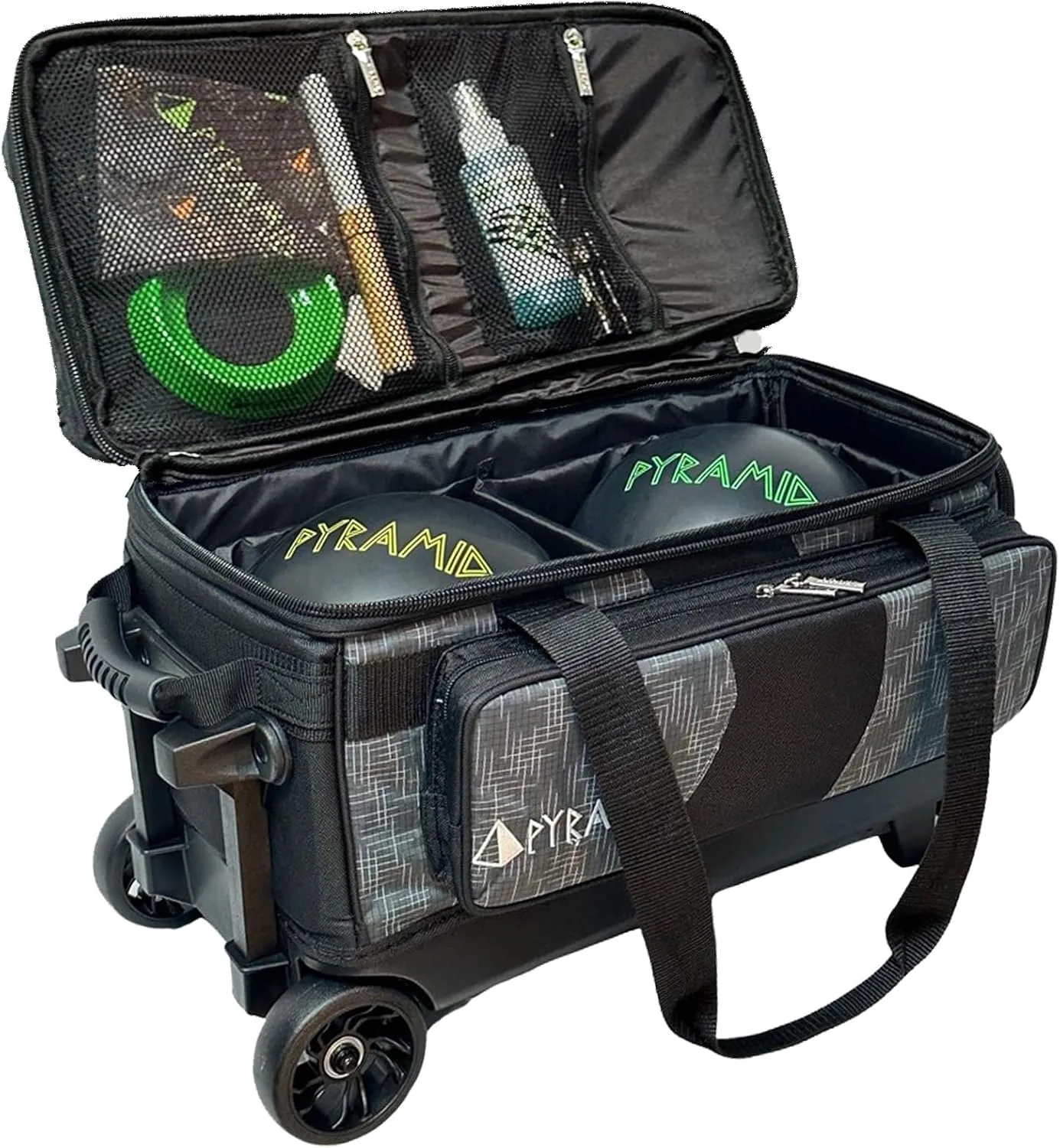 Pyramid Deluxe Double Roller 2 Ball Bowling Bag with Large Separate Shoe Compartment (Up To 2 Pairs Of Shoes) and Accessory Pockets, Sturdy Square Handle - Extends to 40" - Pro Options Available