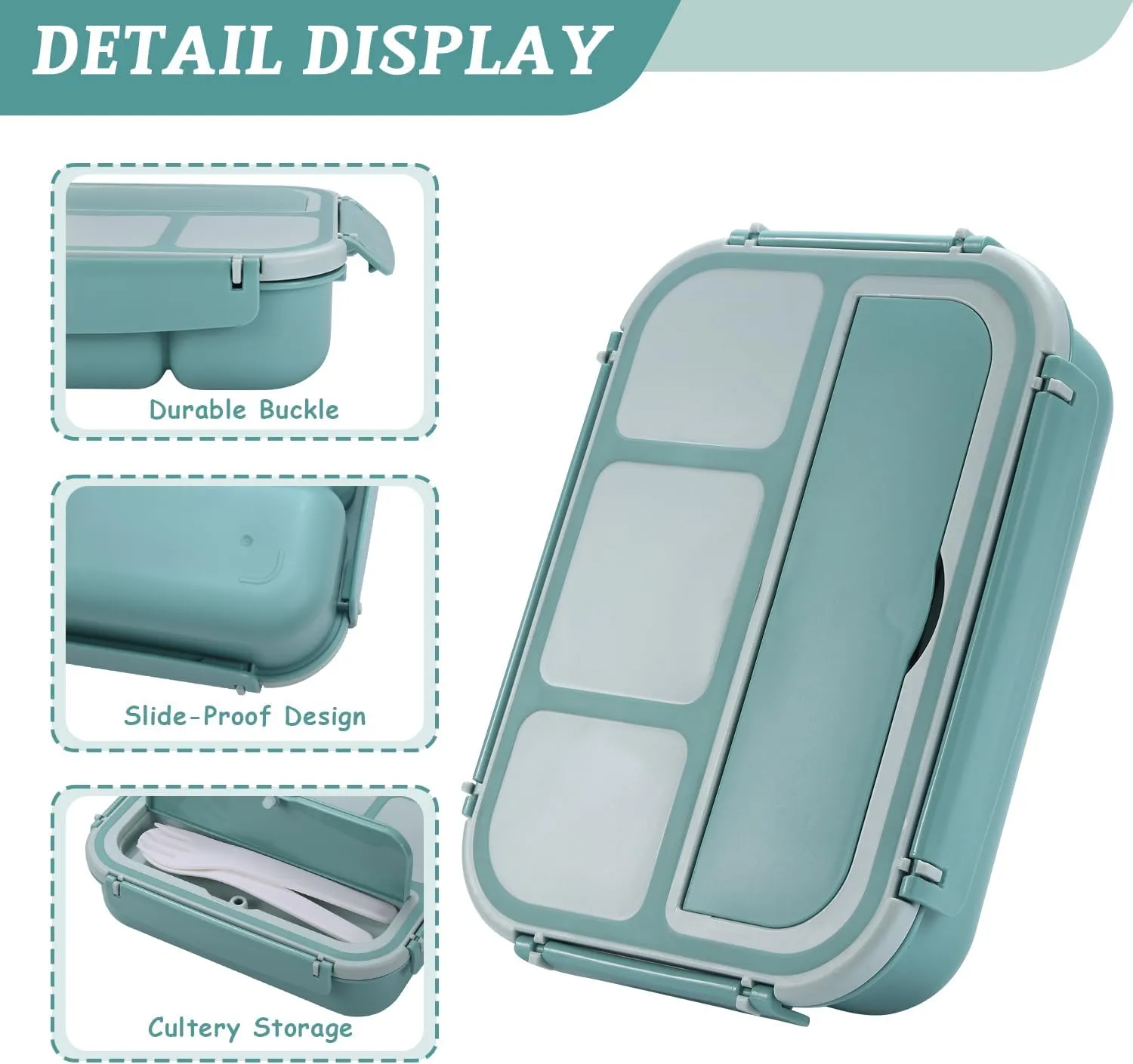 QQKO Bento Box Adult Lunch Box, Bento Box for Kids, 1200 ML Lunch Containers for Adults, Food Storage Container With 4 Compartments, Leak-Proof, Microwave, Dishwasher Safe