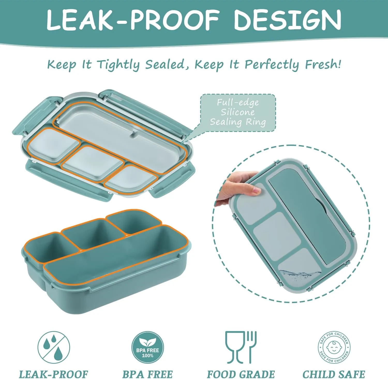 QQKO Bento Box Adult Lunch Box, Bento Box for Kids, 1200 ML Lunch Containers for Adults, Food Storage Container With 4 Compartments, Leak-Proof, Microwave, Dishwasher Safe