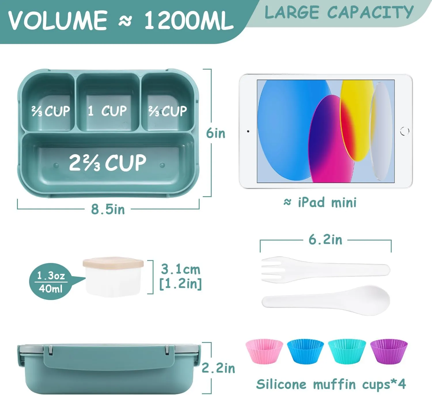 QQKO Bento Box Adult Lunch Box, Bento Box for Kids, 1200 ML Lunch Containers for Adults, Food Storage Container With 4 Compartments, Leak-Proof, Microwave, Dishwasher Safe